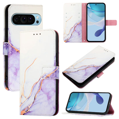 For Google Pixel 9 PT003 Marble Pattern Flip Leather Phone Case(White Purple) - Google Cases by buy2fix | Online Shopping UK | buy2fix