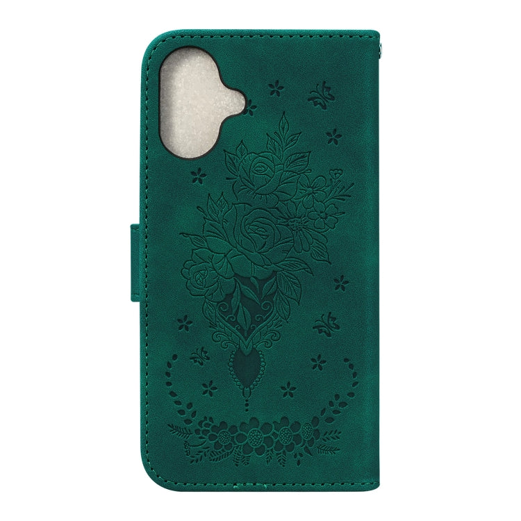 For iPhone 16 Plus Butterfly Rose Embossed Leather Phone Case(Green) - iPhone 16 Plus Cases by buy2fix | Online Shopping UK | buy2fix