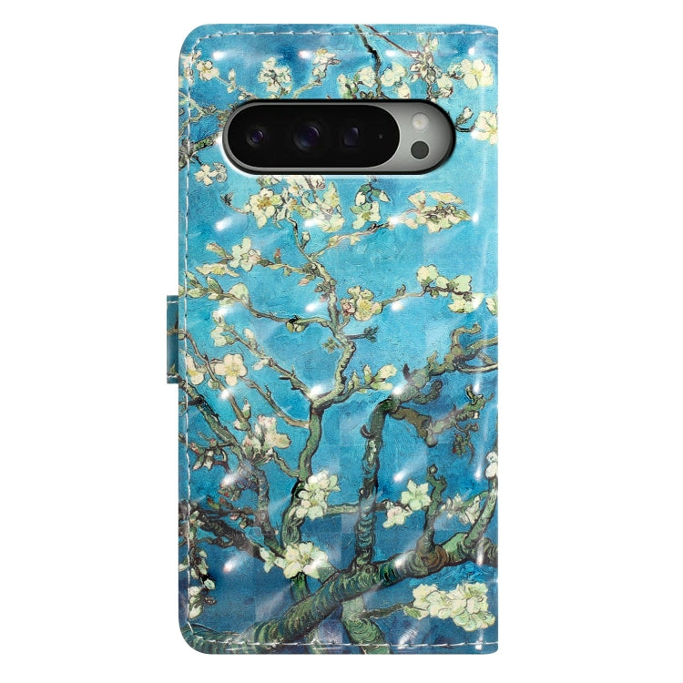 For Google Pixel 9 Pro XL 3D Pattern Leather Phone Case(Blue Base Apricot Flower) - Google Cases by buy2fix | Online Shopping UK | buy2fix