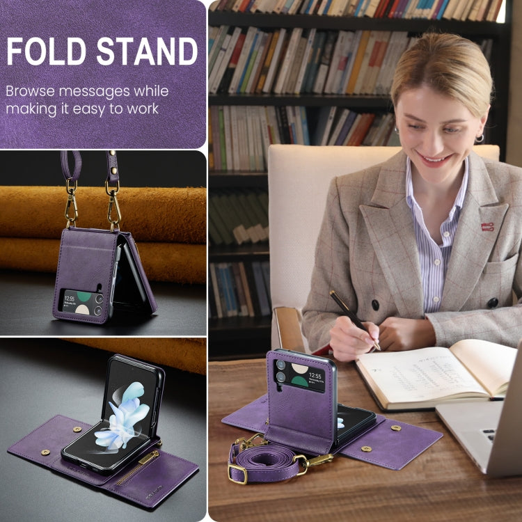 For Samsung Galaxy Z Flip3 5G DG.MING M5 Series Zip RFID Multi Card Detachable Leather Phone Case with Long Lanyard(Purple) - Galaxy Phone Cases by DG.MING | Online Shopping UK | buy2fix