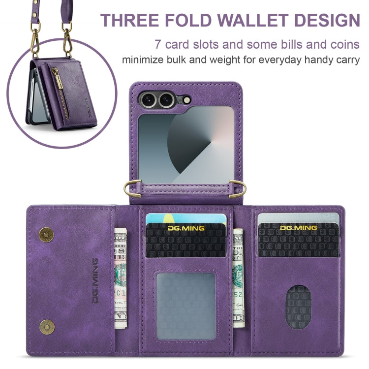 For Samsung Galaxy Z Flip6 DG.MING M5 Series Zip RFID Multi Card Detachable Leather Phone Case with Long Lanyard(Purple) - Galaxy Z Flip6 5G Cases by DG.MING | Online Shopping UK | buy2fix