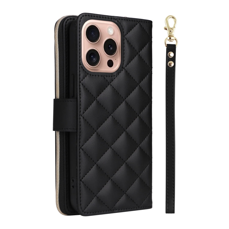 For iPhone 16 Pro Crossbody Rhombic Zipper Tower Buckle Leather Phone Case with Lanyard(Black) - iPhone 16 Pro Cases by buy2fix | Online Shopping UK | buy2fix