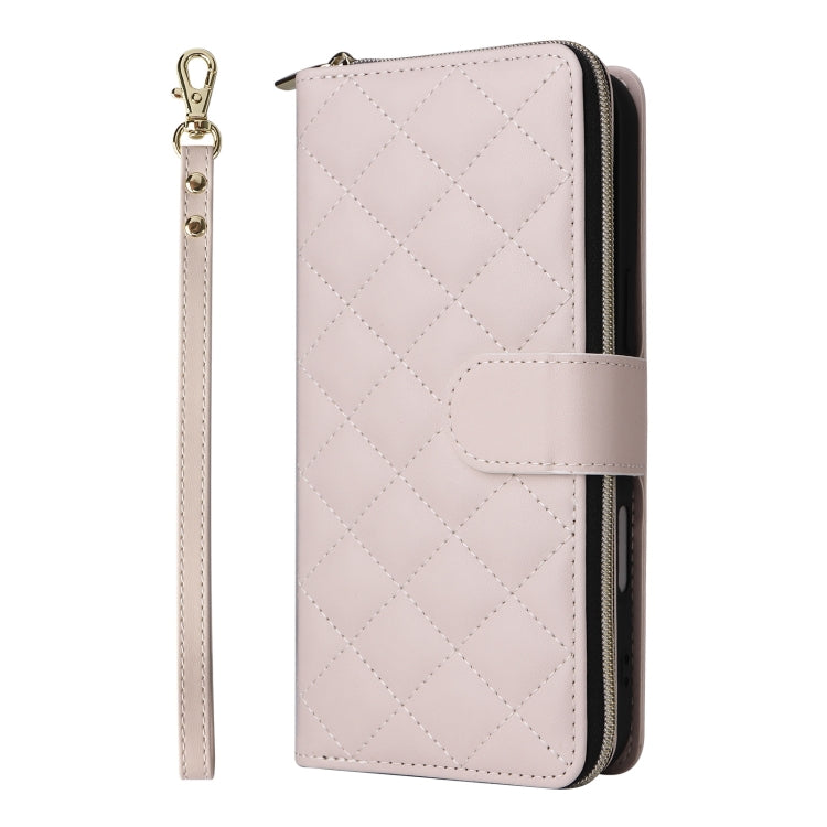 For iPhone 16 Plus Crossbody Rhombic Zipper Tower Buckle Leather Phone Case with Lanyard(Beige) - iPhone 16 Plus Cases by buy2fix | Online Shopping UK | buy2fix