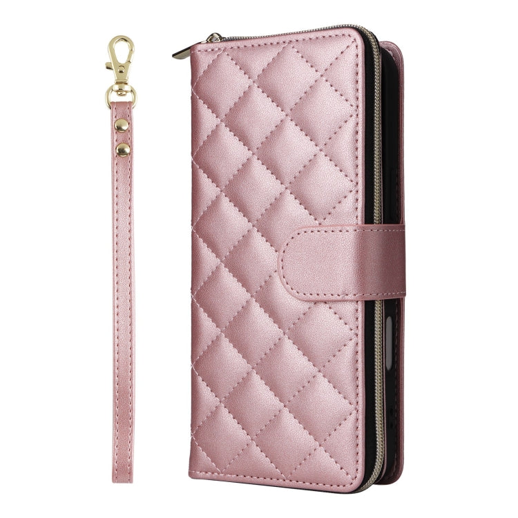 For iPhone 16 Plus Crossbody Rhombic Zipper Tower Buckle Leather Phone Case with Lanyard(Rose Gold) - iPhone 16 Plus Cases by buy2fix | Online Shopping UK | buy2fix