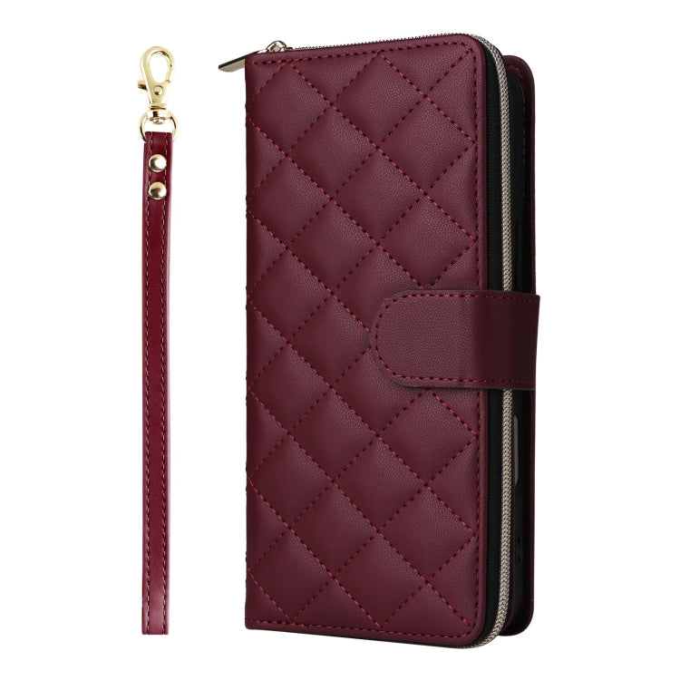 For iPhone 16 Crossbody Rhombic Zipper Tower Buckle Leather Phone Case with Lanyard(Wine Red) - iPhone 16 Cases by buy2fix | Online Shopping UK | buy2fix