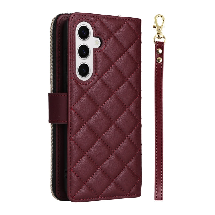 For Samsung Galaxy S25 5G Crossbody Rhombic Zipper Tower Buckle Leather Phone Case with Lanyard(Wine Red) - Galaxy S25 5G Cases by buy2fix | Online Shopping UK | buy2fix