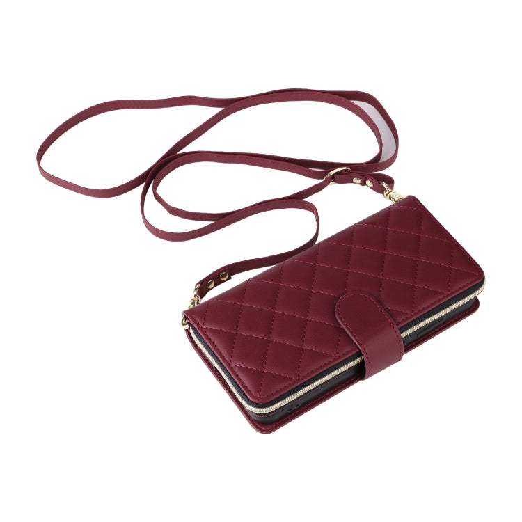 For Samsung Galaxy S25 5G Crossbody Rhombic Zipper Tower Buckle Leather Phone Case with Lanyard(Wine Red) - Galaxy S25 5G Cases by buy2fix | Online Shopping UK | buy2fix