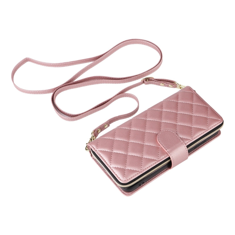 For Samsung Galaxy S25 5G Crossbody Rhombic Zipper Tower Buckle Leather Phone Case with Lanyard(Rose Gold) - Galaxy S25 5G Cases by buy2fix | Online Shopping UK | buy2fix