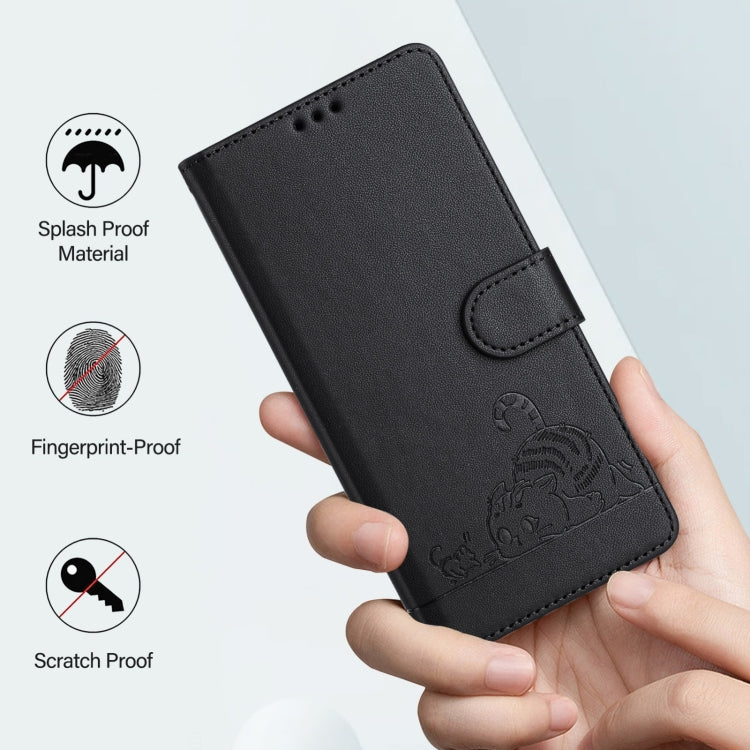 For Blackview A52 Cat Rat Embossed Pattern RFID Leather Phone Case with Lanyard(Black) - More Brand by buy2fix | Online Shopping UK | buy2fix