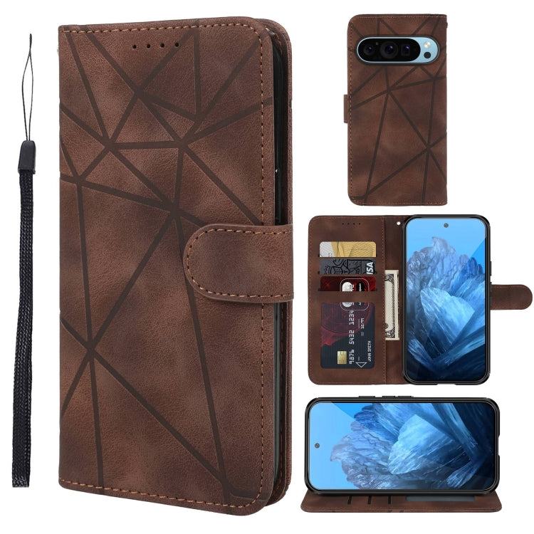 For Google Pixel 9 / 9 Pro Skin Feel Geometric Lines Leather Phone Case(Brown) - Google Cases by buy2fix | Online Shopping UK | buy2fix