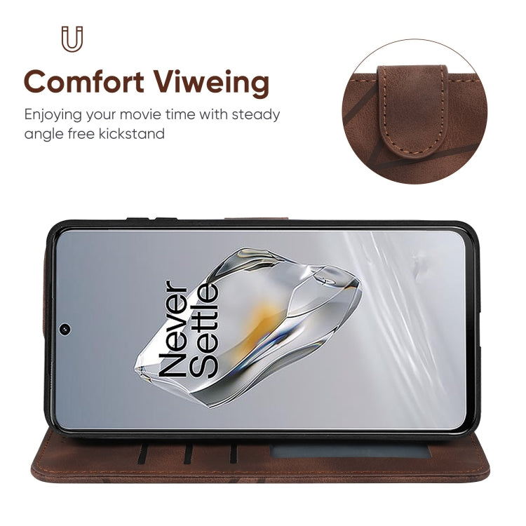 For OnePlus 12 Skin Feel Geometric Lines Leather Phone Case(Brown) - OnePlus Cases by buy2fix | Online Shopping UK | buy2fix