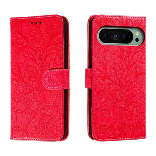 For Google Pixel 9 Lace Flower Embossing Flip Leather Phone Case(Red) - Google Cases by buy2fix | Online Shopping UK | buy2fix