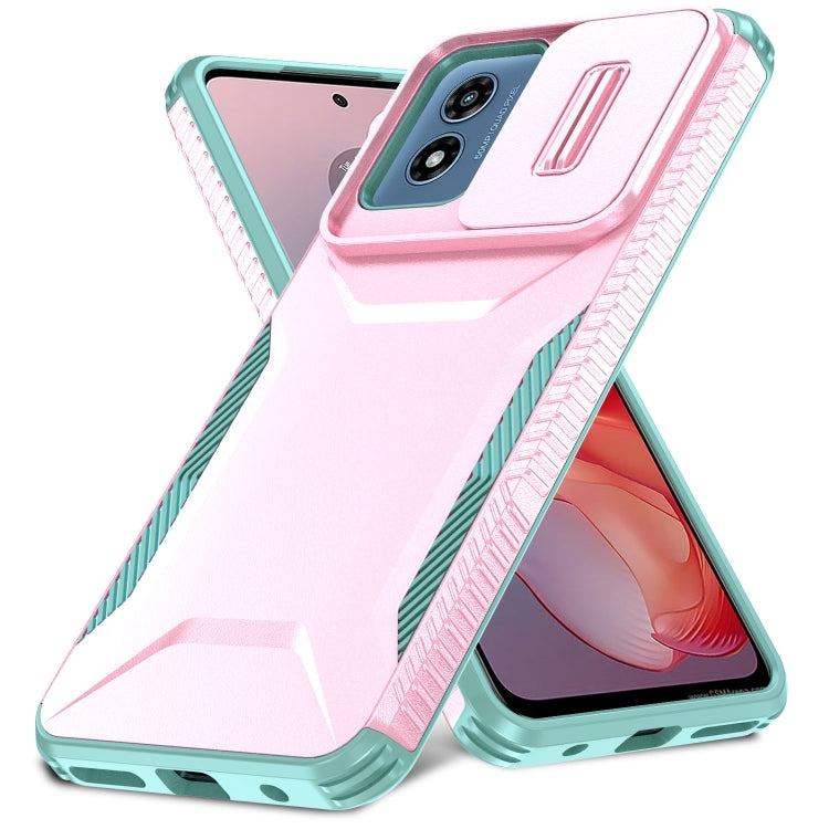 For Motorola Moto G Play 4G 2024 Sliding Camshield Phone Case(Pink + Grey Green) - Motorola Cases by buy2fix | Online Shopping UK | buy2fix