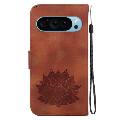 For Google Pixel 9 Lotus Embossed Leather Phone Case(Brown) - Google Cases by buy2fix | Online Shopping UK | buy2fix