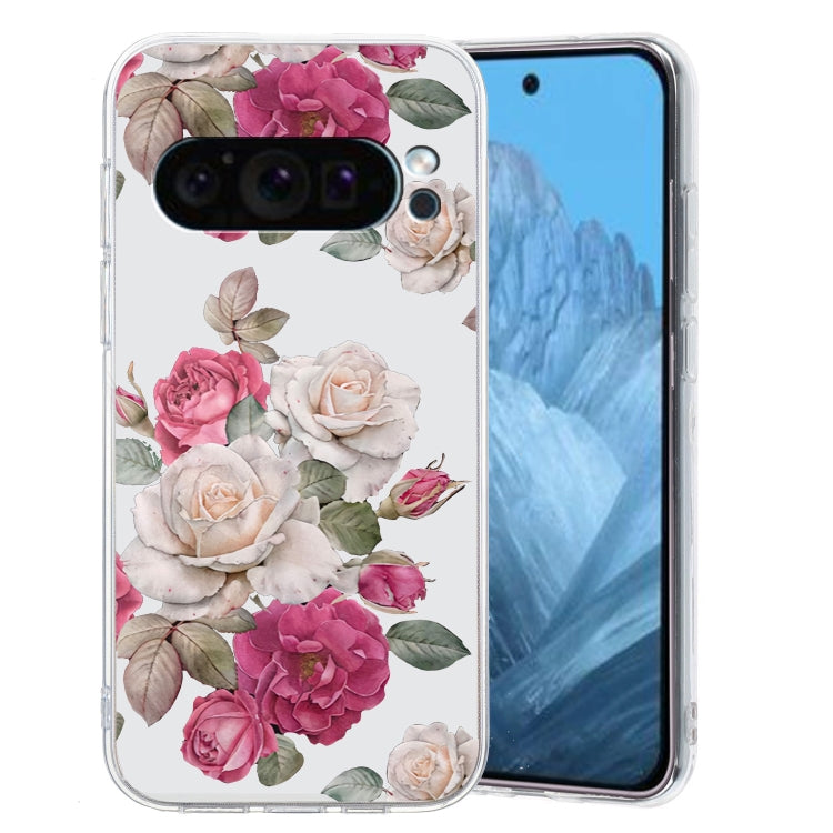 For Google Pixel 9 Pro Colored Drawing Pattern Transparent TPU Phone Case(Peony) - Google Cases by buy2fix | Online Shopping UK | buy2fix