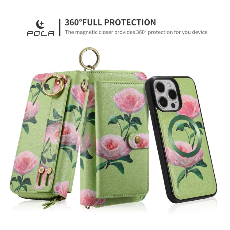 For iPhone 15 Plus POLA MagSafe Flower Multi-functional Zipper Wallet Leather Phone Case(Green) - iPhone 15 Plus Cases by buy2fix | Online Shopping UK | buy2fix