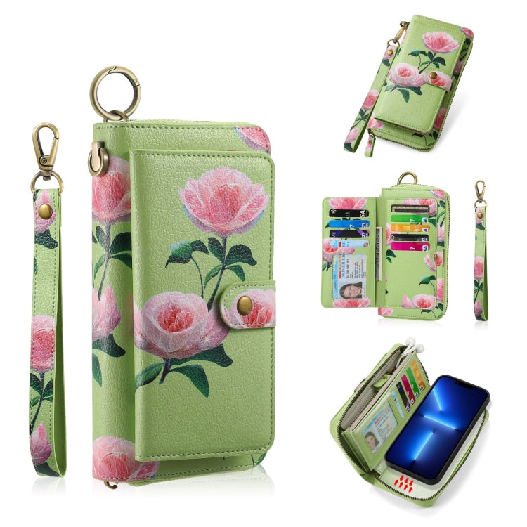 For iPhone 13 POLA MagSafe Flower Multi-functional Zipper Wallet Leather Phone Case(Green) - iPhone 13 Cases by buy2fix | Online Shopping UK | buy2fix