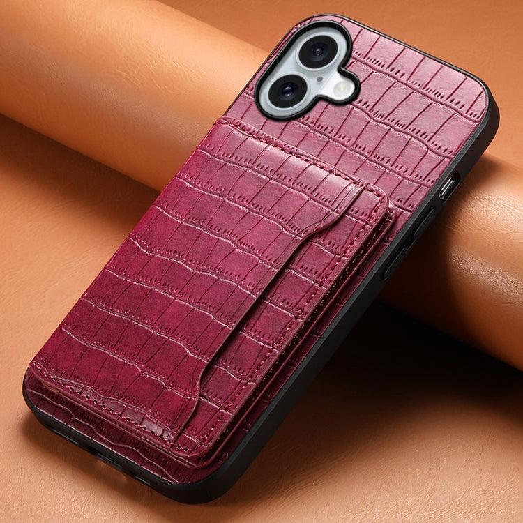 For iPhone 16 Plus Crocodile Texture Card Bag Design Full Coverage Phone Case(Red) - iPhone 16 Plus Cases by buy2fix | Online Shopping UK | buy2fix