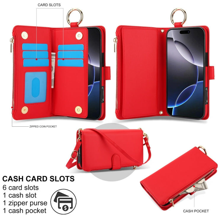 For iPhone 16 Pro Max Crossbody Ring Multifunctional Wallet Leather Phone Case(Red) - iPhone 16 Pro Max Cases by buy2fix | Online Shopping UK | buy2fix