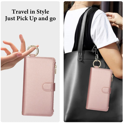 For iPhone 16 Pro Max Crossbody Ring Multifunctional Wallet Leather Phone Case(Rose Gold) - iPhone 16 Pro Max Cases by buy2fix | Online Shopping UK | buy2fix