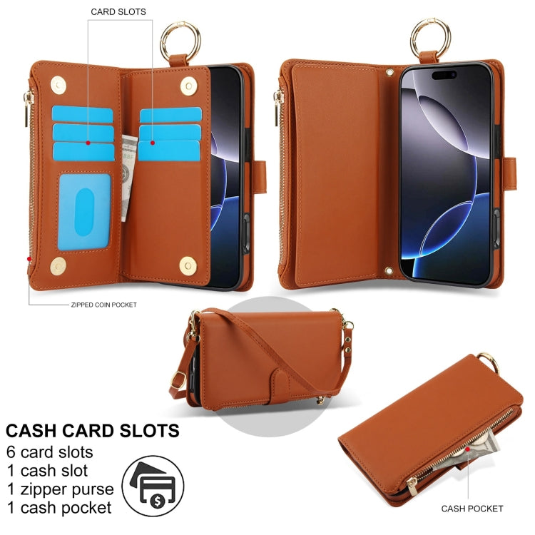 For iPhone 16 Pro Crossbody Ring Multifunctional Wallet Leather Phone Case(Brown) - More iPhone Cases by buy2fix | Online Shopping UK | buy2fix