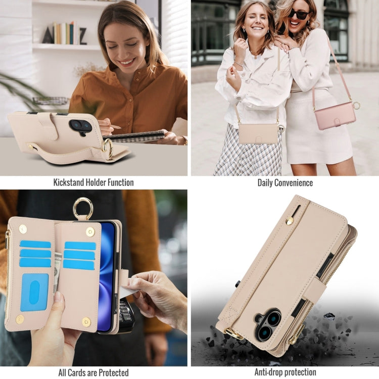 For iPhone 16 Crossbody Ring Multifunctional Wallet Leather Phone Case(White) - iPhone 16 Cases by buy2fix | Online Shopping UK | buy2fix