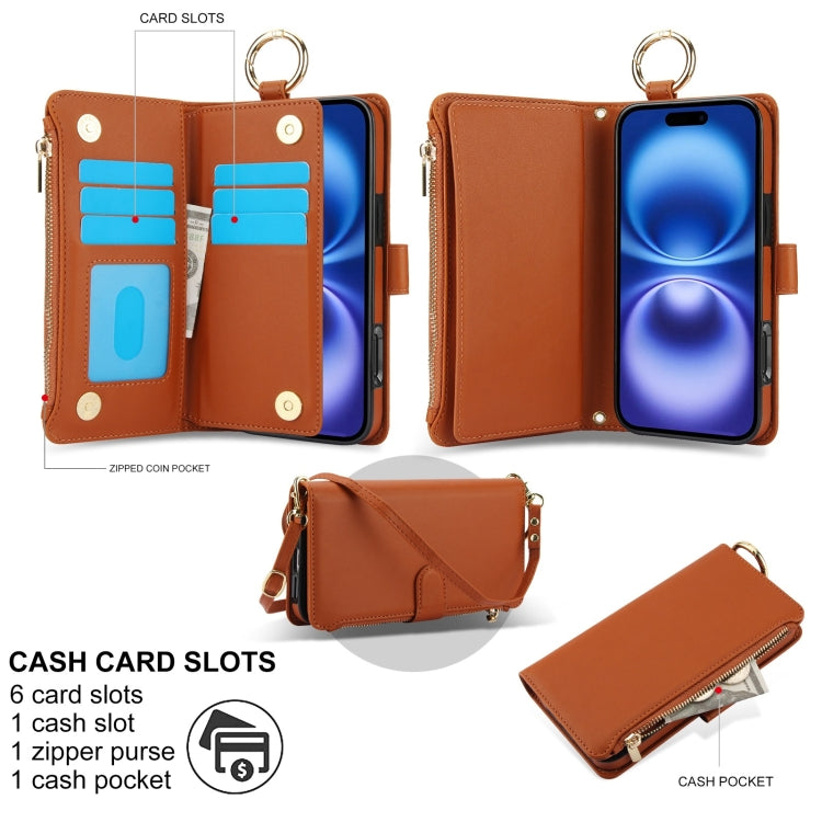 For iPhone 16 Crossbody Ring Multifunctional Wallet Leather Phone Case(Brown) - iPhone 16 Cases by buy2fix | Online Shopping UK | buy2fix