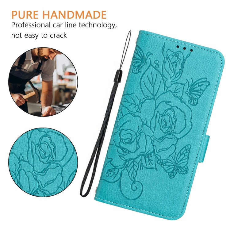 For iPhone 16 Embossed Rose RFID Anti-theft Leather Phone Case(Light Blue) - iPhone 16 Cases by buy2fix | Online Shopping UK | buy2fix