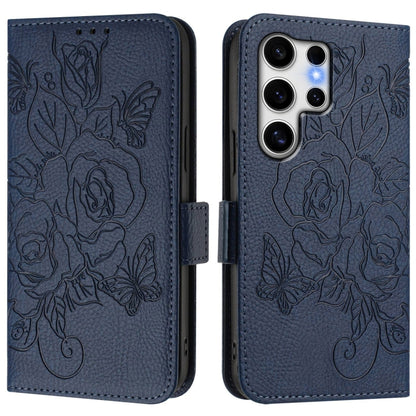 For Samsung Galaxy S25 Ultra 5G Embossed Rose RFID Anti-theft Leather Phone Case(Dark Blue) - Galaxy S25 Ultra 5G Cases by buy2fix | Online Shopping UK | buy2fix