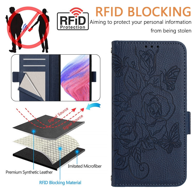 For Samsung Galaxy S25 Ultra 5G Embossed Rose RFID Anti-theft Leather Phone Case(Dark Blue) - Galaxy S25 Ultra 5G Cases by buy2fix | Online Shopping UK | buy2fix