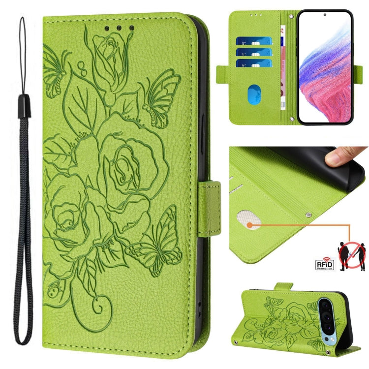 For Google Pixel 9 / 9 Pro Embossed Rose RFID Anti-theft Leather Phone Case(Green) - Google Cases by buy2fix | Online Shopping UK | buy2fix