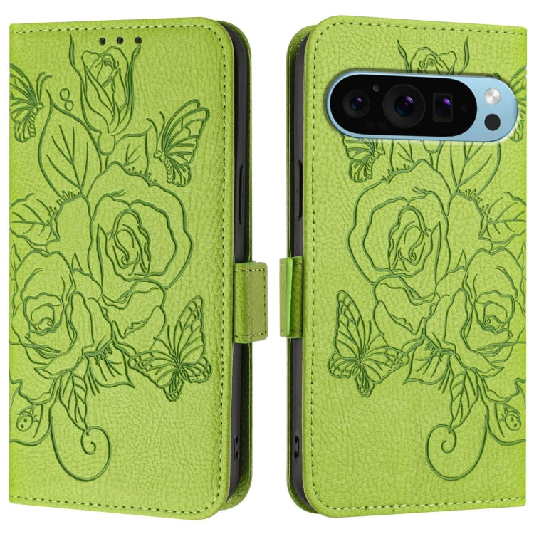 For Google Pixel 9 / 9 Pro Embossed Rose RFID Anti-theft Leather Phone Case(Green) - Google Cases by buy2fix | Online Shopping UK | buy2fix