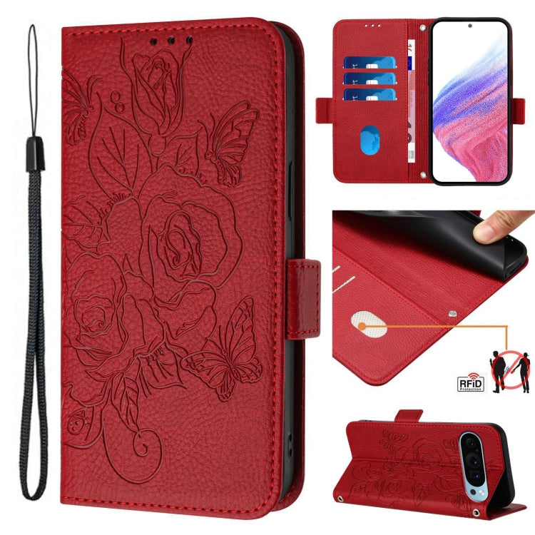 For Google Pixel 9 / 9 Pro Embossed Rose RFID Anti-theft Leather Phone Case(Red) - Google Cases by buy2fix | Online Shopping UK | buy2fix