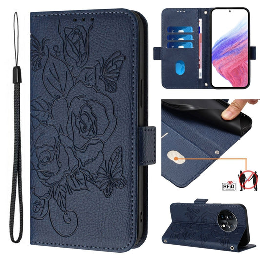 For OnePlus 11 Embossed Rose RFID Anti-theft Leather Phone Case(Dark Blue) - OnePlus Cases by buy2fix | Online Shopping UK | buy2fix