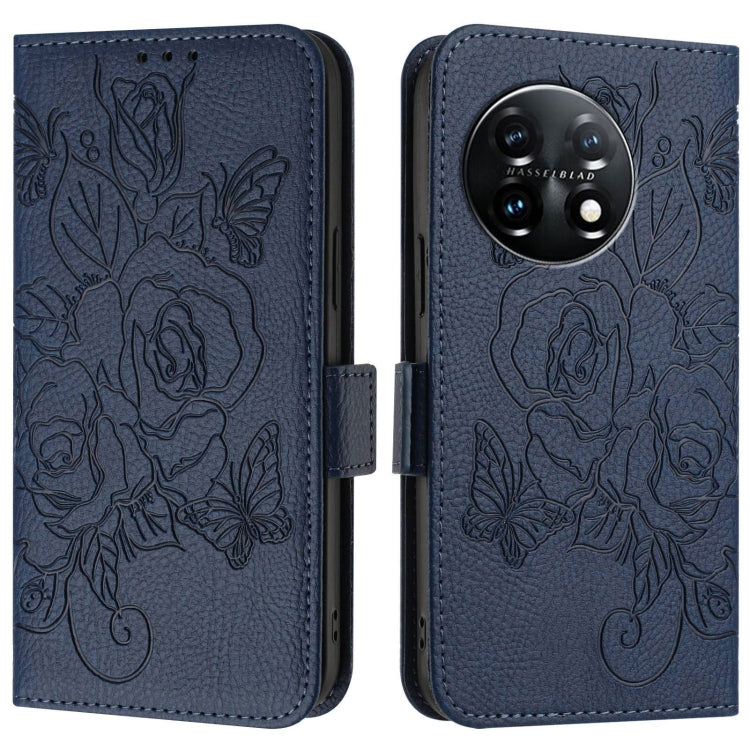 For OnePlus 11 Embossed Rose RFID Anti-theft Leather Phone Case(Dark Blue) - OnePlus Cases by buy2fix | Online Shopping UK | buy2fix