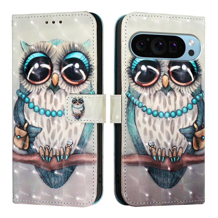 For Google Pixel 9 3D Painting Horizontal Flip Leather Phone Case(Grey Owl) - Google Cases by buy2fix | Online Shopping UK | buy2fix