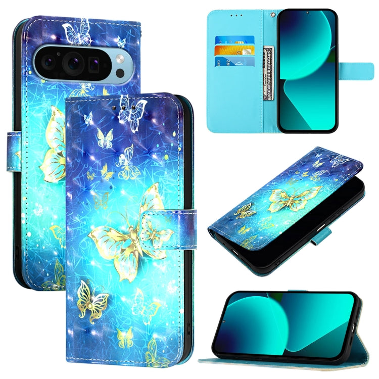 For Google Pixel 9 Pro XL 3D Painting Horizontal Flip Leather Phone Case(Golden Butterfly) - Google Cases by buy2fix | Online Shopping UK | buy2fix