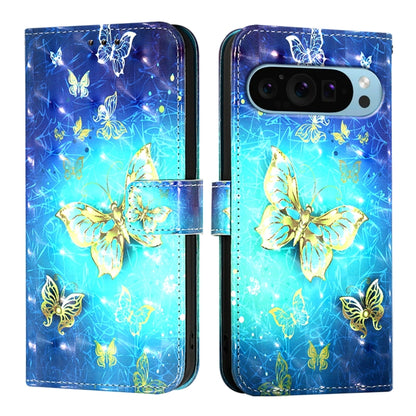 For Google Pixel 9 Pro XL 3D Painting Horizontal Flip Leather Phone Case(Golden Butterfly) - Google Cases by buy2fix | Online Shopping UK | buy2fix