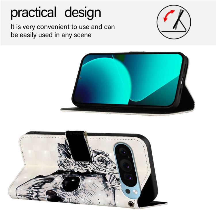 For Google Pixel 9 Pro XL 3D Painting Horizontal Flip Leather Phone Case(Skull) - Google Cases by buy2fix | Online Shopping UK | buy2fix