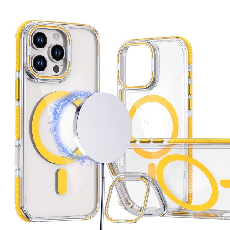 For iPhone 14 Pro Max Dual-Color Clear Acrylic Hybrid TPU Lens Flip Holder MagSafe Phone Case(Yellow) - iPhone 14 Pro Max Cases by buy2fix | Online Shopping UK | buy2fix