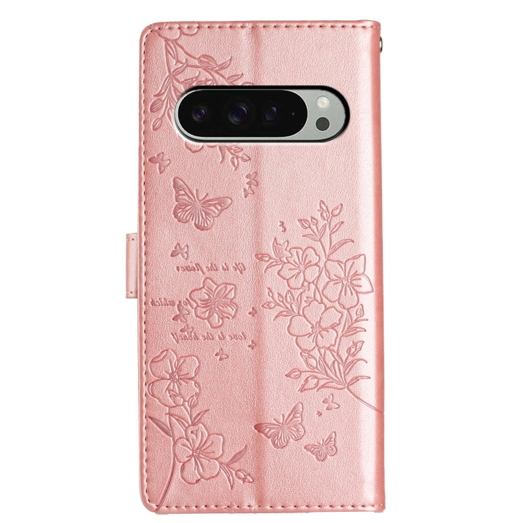 For Google Pixel 9 / 9 Pro Butterflies and Flowers Leather Phone Case(Rose Gold) - Google Cases by buy2fix | Online Shopping UK | buy2fix