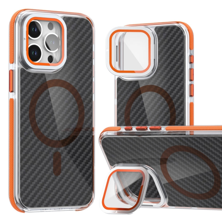 For iPhone 13 Pro Max Magsafe Dual-Color Carbon Fiber Lens Film Phone Case with Lens Fold Holder(Orange) - iPhone 13 Pro Max Cases by buy2fix | Online Shopping UK | buy2fix