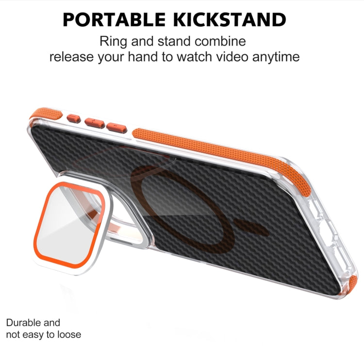 For iPhone 12 Pro Max Magsafe Dual-Color Carbon Fiber Lens Film Phone Case with Lens Fold Holder(Orange) - iPhone 12 Pro Max Cases by buy2fix | Online Shopping UK | buy2fix