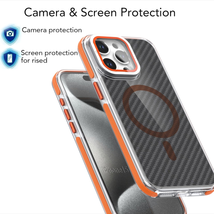 For iPhone 13 Pro Max Magsafe Dual-Color Carbon Fiber Lens Film Phone Case with Lens Fold Holder(Orange) - iPhone 13 Pro Max Cases by buy2fix | Online Shopping UK | buy2fix