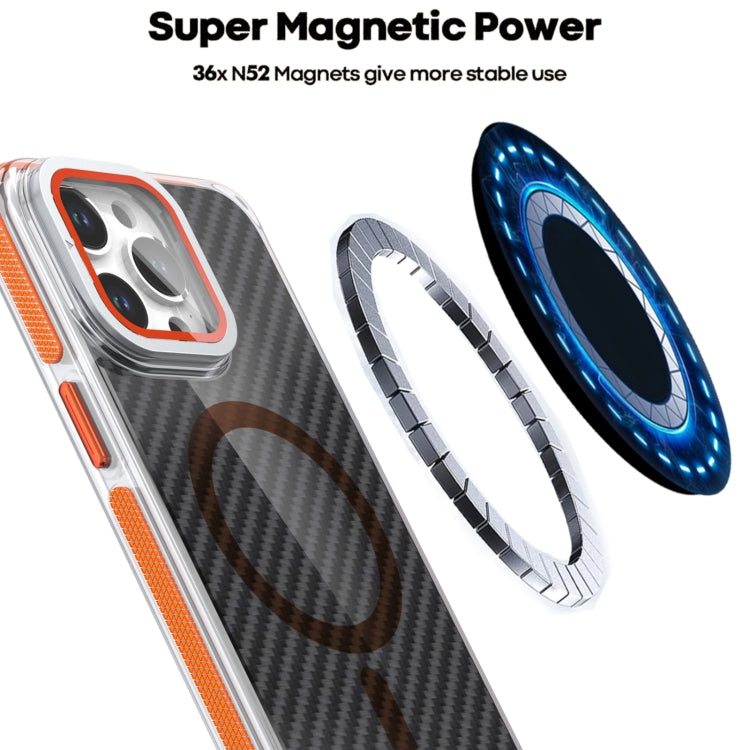 For iPhone 12 Pro Max Magsafe Dual-Color Carbon Fiber Lens Film Phone Case with Lens Fold Holder(Orange) - iPhone 12 Pro Max Cases by buy2fix | Online Shopping UK | buy2fix