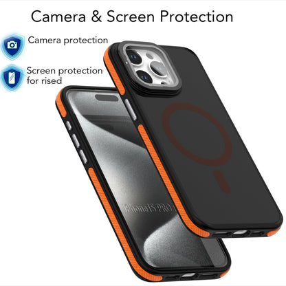 For iPhone 15 Magsafe Dual-Color Skin Feel Lens Film Phone Case with Lens Fold Holder(Orange) - iPhone 15 Cases by buy2fix | Online Shopping UK | buy2fix