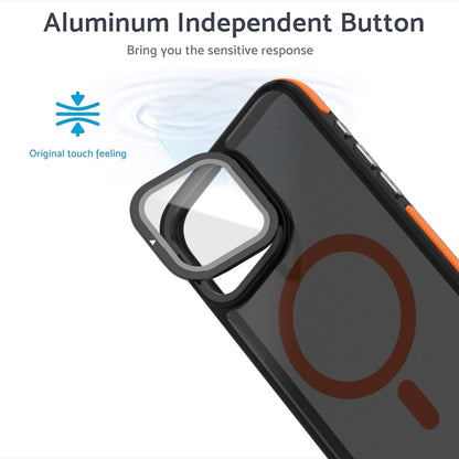 For iPhone 15 Magsafe Dual-Color Skin Feel Lens Film Phone Case with Lens Fold Holder(Orange) - iPhone 15 Cases by buy2fix | Online Shopping UK | buy2fix