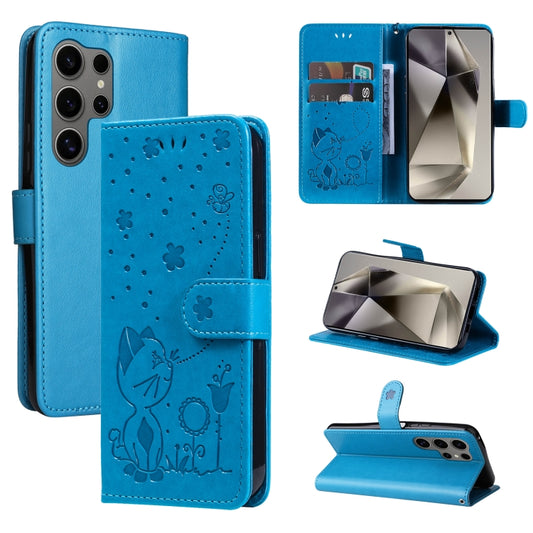 For Samsung Galaxy S25 Ultra 5G Cat and Bee Embossed Flip Leather Phone Case(Blue) - Galaxy S25 Ultra 5G Cases by buy2fix | Online Shopping UK | buy2fix