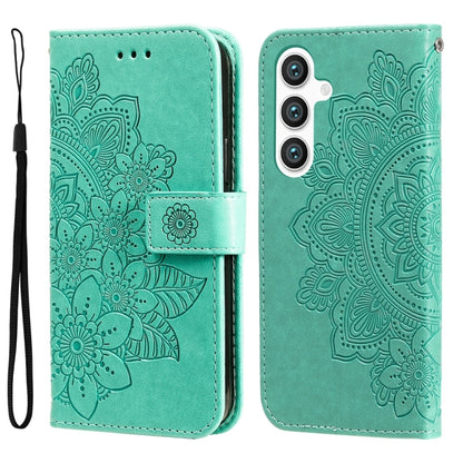 For Samsung Galaxy S25 5G Seven-petal Flowers Embossing Leather Phone Case(Green) - Galaxy S25 5G Cases by buy2fix | Online Shopping UK | buy2fix