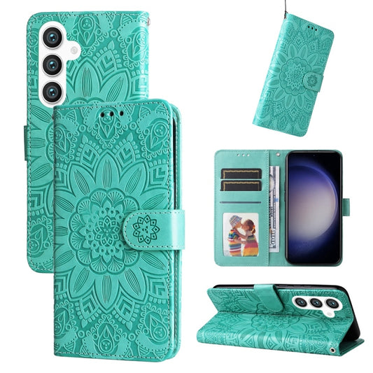 For Samsung Galaxy S25 5G Embossed Sunflower Leather Phone Case(Green) - Galaxy S25 5G Cases by buy2fix | Online Shopping UK | buy2fix